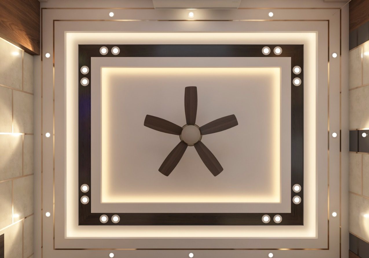 Light fixture and ceiling fan with lights mounted on the false ceiling.