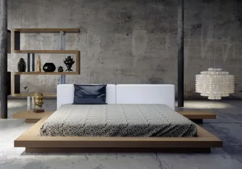 Image of a stylish bedroom with a bed and shelves.