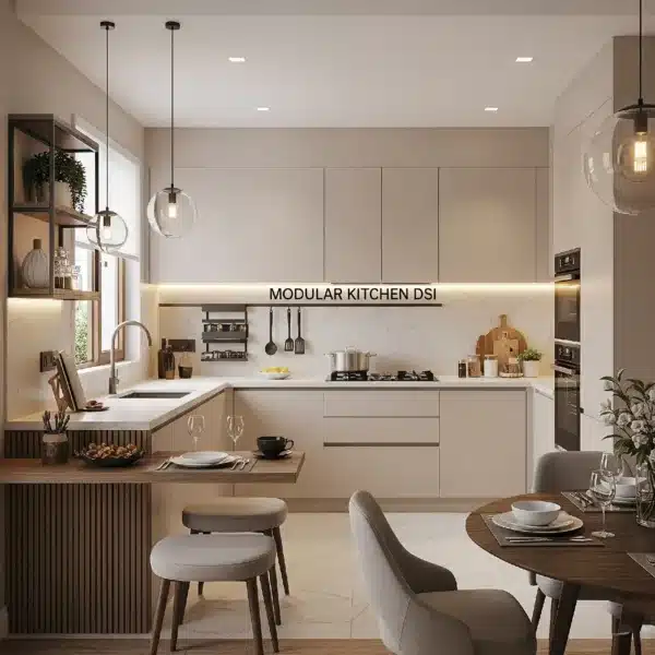 L-shaped modular kitchen with marble backsplash and island — luxurious design for large homes in Noida — spacious and elegant cooking environment