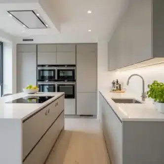 Minimalist kitchen with white cabinets and wooden island — clean, simple design for modern homes in Gurgaon — calm and inviting cooking space