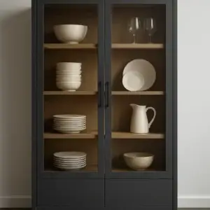 Modern dark gray display cabinet with glass doors, showcasing neatly arranged white dishes, bowls, plates, and wine glasses on wooden shelves.