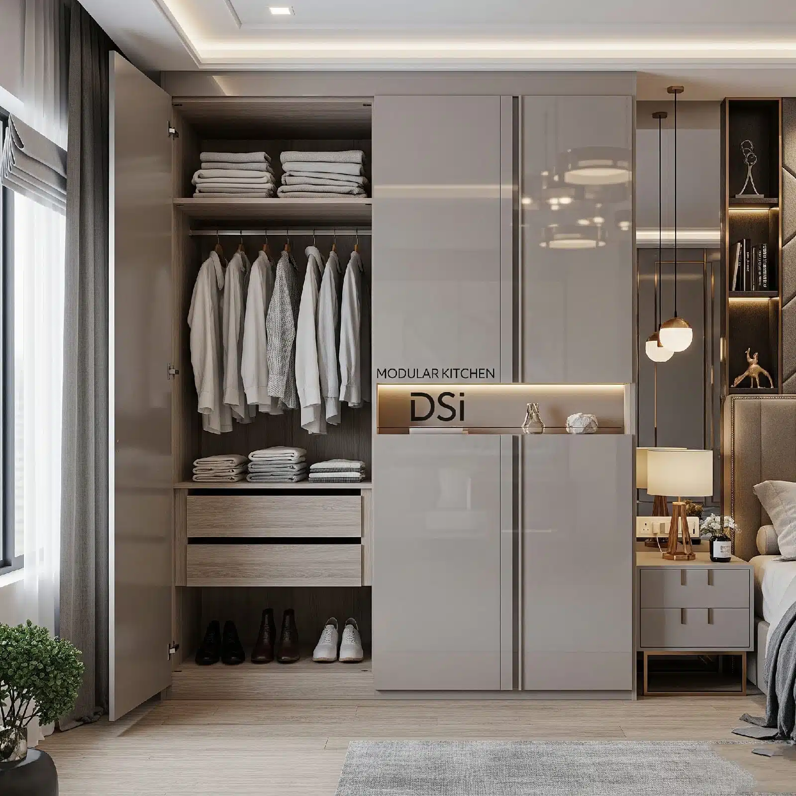 Modern wardrobe with glass doors, open section, hanging clothes, drawers, and LED lighting — sleek bedroom design