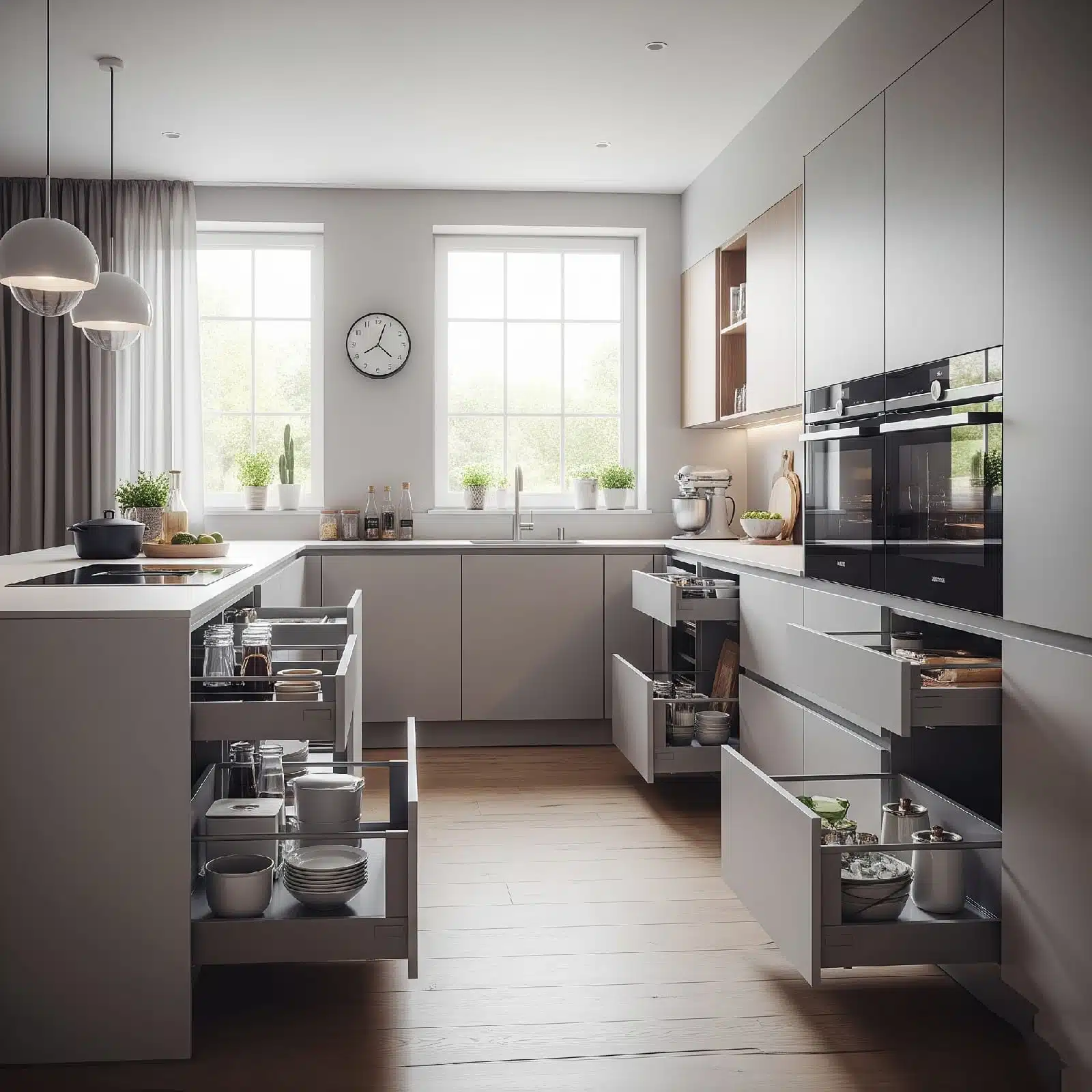 Modern kitchen with gray cabinets, open drawers, island, pendant lights, and wooden floor — sleek functional design