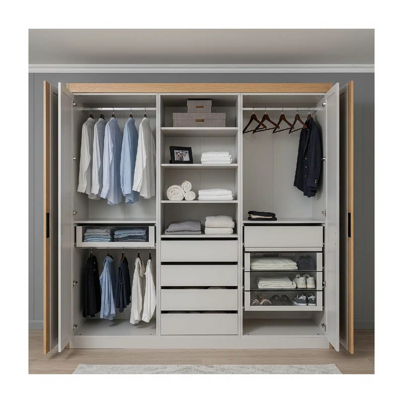 A spacious, well-organized wardrobe with smart storage, drawers, and hanging sections. Ideal for neat and stylish living.