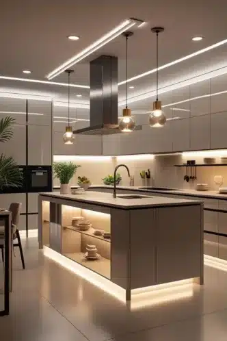 Luxury modular kitchen design in Greater Noida — 2025 trend with smart storage and LED lighting — premium living experience for modern families