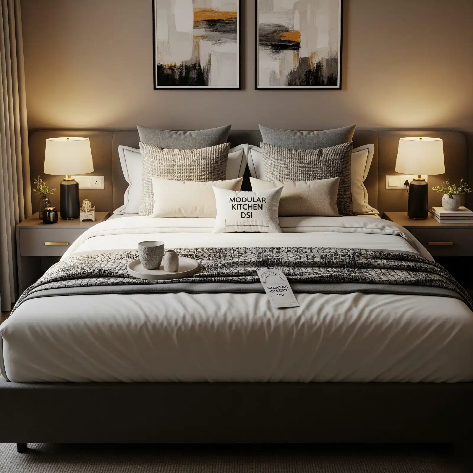 Modern bedroom with gray bed, ambient lighting, nightstands, abstract art, and branded pillow — cozy minimalist design