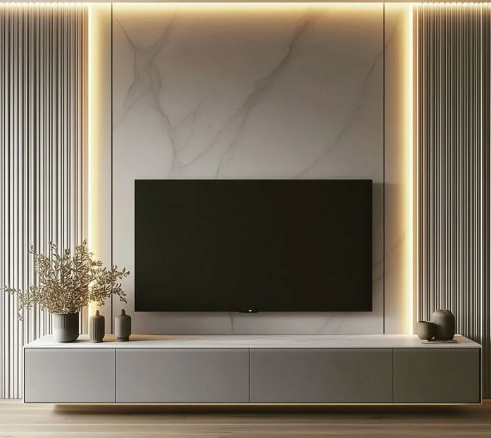 Modern TV wall with marble panel, LED lighting, vertical slats, floating cabinet, and minimalist decor — elegant living room design