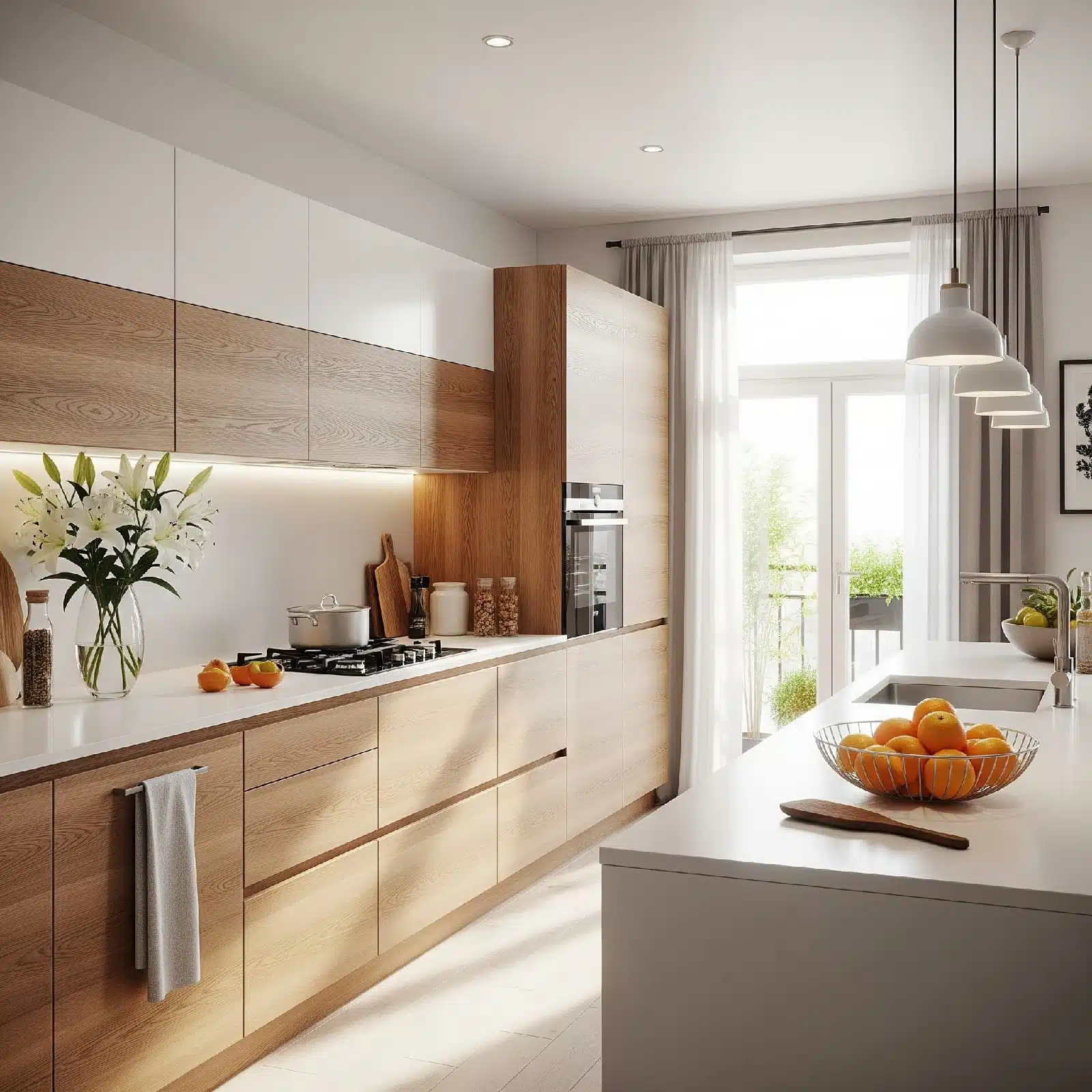 Modern kitchen with wooden cabinets, white countertops, island, pendant lights, and natural light — warm minimalist design