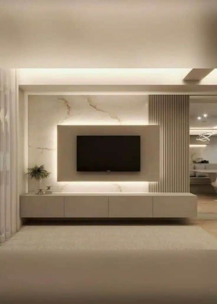 Modern TV wall with marble panel, LED lighting, floating cabinet, and vertical slats — elegant living room design