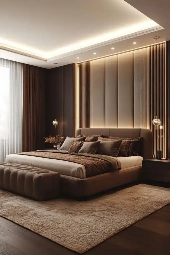 Modern bed room with decor items, and a brown rug on a dark floor.