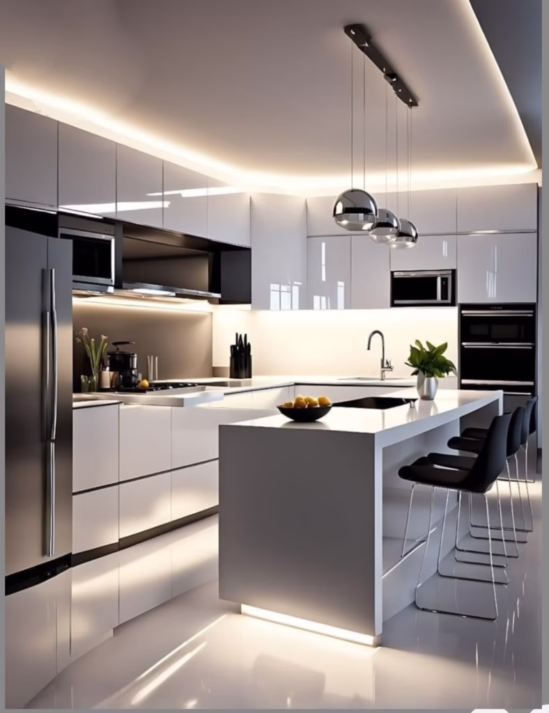 Modern kitchen with gray and white cabinets, central island, and pendant lighting — elegant design for large homes in Faridabad — bright and airy cooking environment