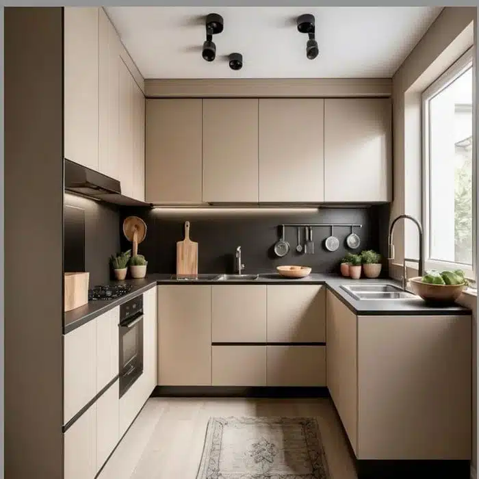 Modular kitchen with glossy white cabinets and black accents — sleek, modern design for city homes in Delhi — timeless elegance and easy maintenance