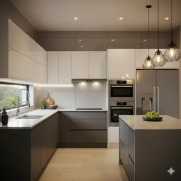 Handleless modular kitchen with white cabinets, built-in ovens, and pendant lights — contemporary design for spacious homes in Noida — elegant and clutter-free cooking area