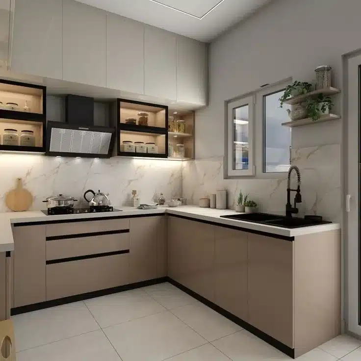 L-shaped modular kitchen with matte beige cabinets and open shelves — functional design for modern homes in Delhi NCR