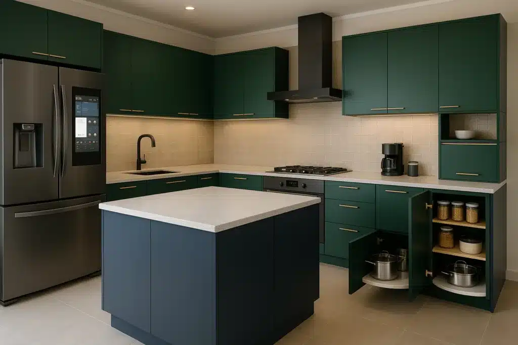 Modern modular kitchen with deep green cabinets and dark blue island — functional design for smart homes in Delhi NCR
