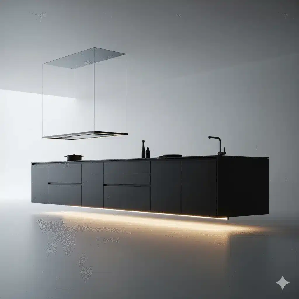 "Floating kitchen island with minimalist design in modern kitchen setup — enhancing elegance and maximizing open space."