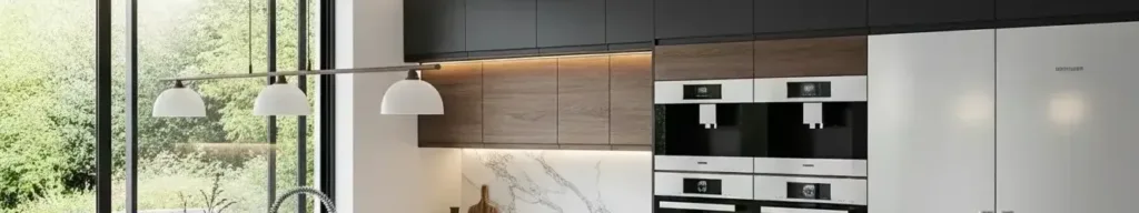 Modern modular kitchen with island and marble countertop in Delhi — custom furniture Delhi for luxury homes with smart storage and style.