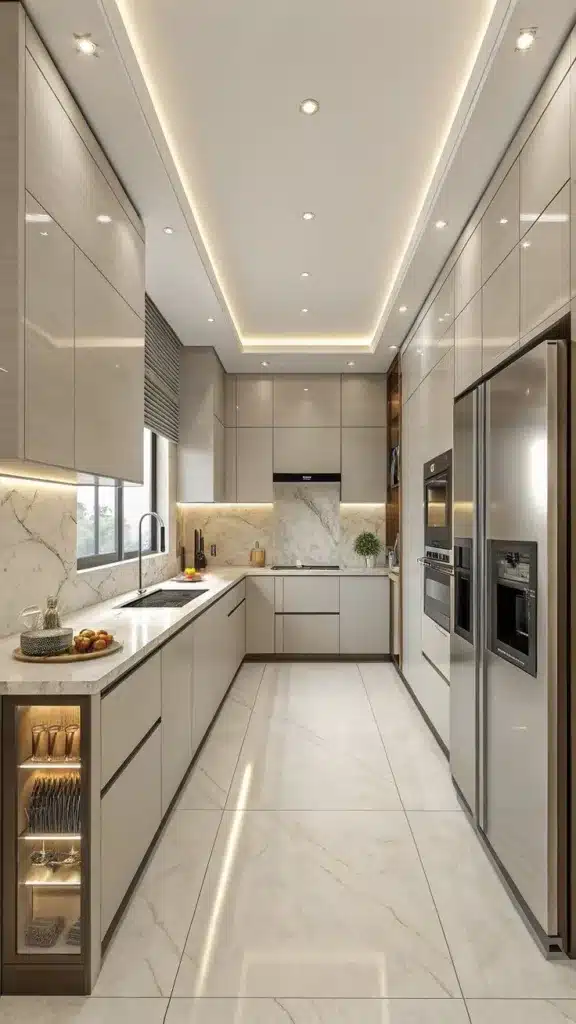 Luxury modular kitchen price in Delhi — modern design with smart storage, marble surfaces, and integrated appliances by expert custom furniture designers.
