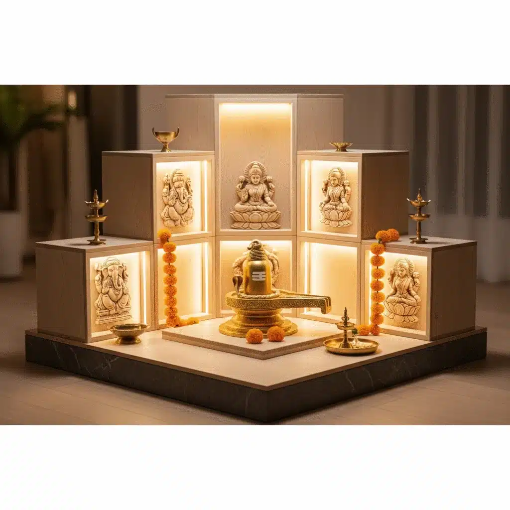 Modern modular mandir with LED lighting, Ganesha idols, wooden panels, and marble base — designed by Modular Kitchen DSI in Delhi
