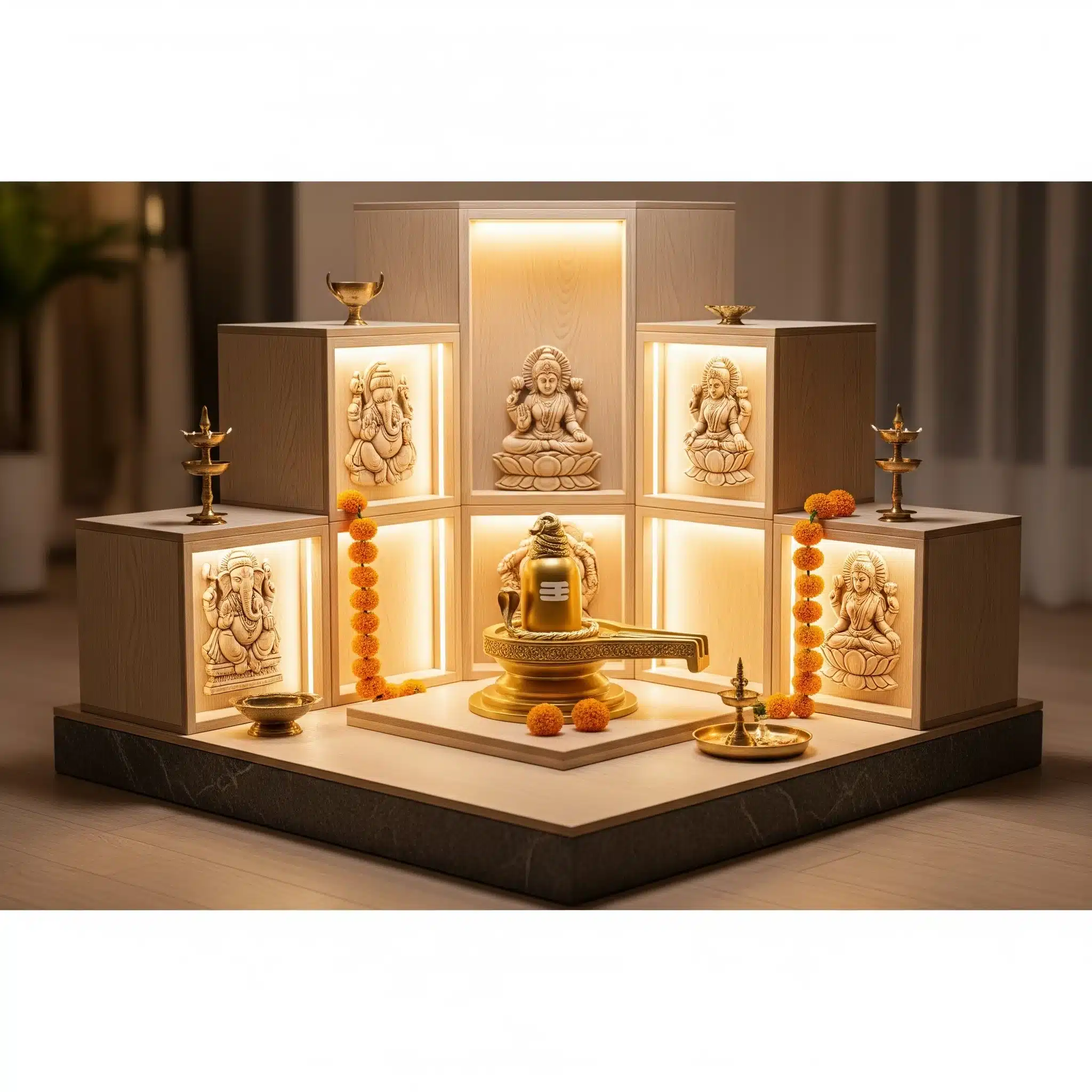 Modern modular mandir with LED lighting, Ganesha idols, wooden panels, and marble base — designed by Modular Kitchen DSI in Delhi