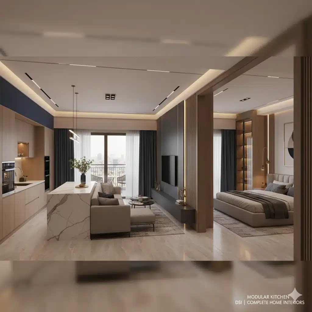 Modern open-concept home interior in Delhi — modular kitchen, living room, and bedroom with wood accents, marble island, LED lighting, and smart TV unit by Modular Kitchen DSI