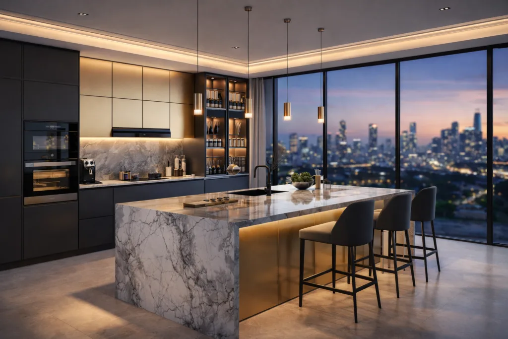 Futuristic luxury modular kitchen with smart home technology in a Gurugram penthouse.