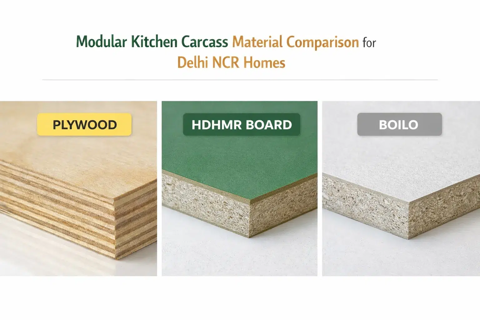 Modular kitchen carcass material comparison — plywood vs HDHMR for Delhi NCR homes