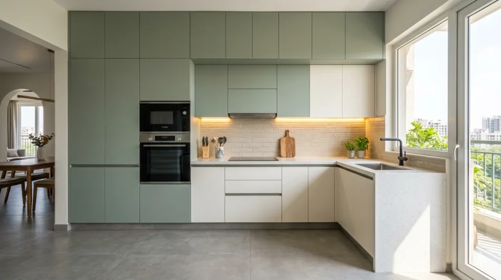 Modern L-shaped modular kitchen in Delhi featuring full-height seamless cabinetry in sage green and warm white acrylic finish, handleless Gola profile shutters, built-in microwave and oven, a white quartz waterfall countertop, and warm under-cabinet LED strip lighting against a beige tiled backsplash.